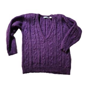 Vintage Mohair Blend Sweater Women Med V-Neck Shoulder Pads Purple Cozy Soft